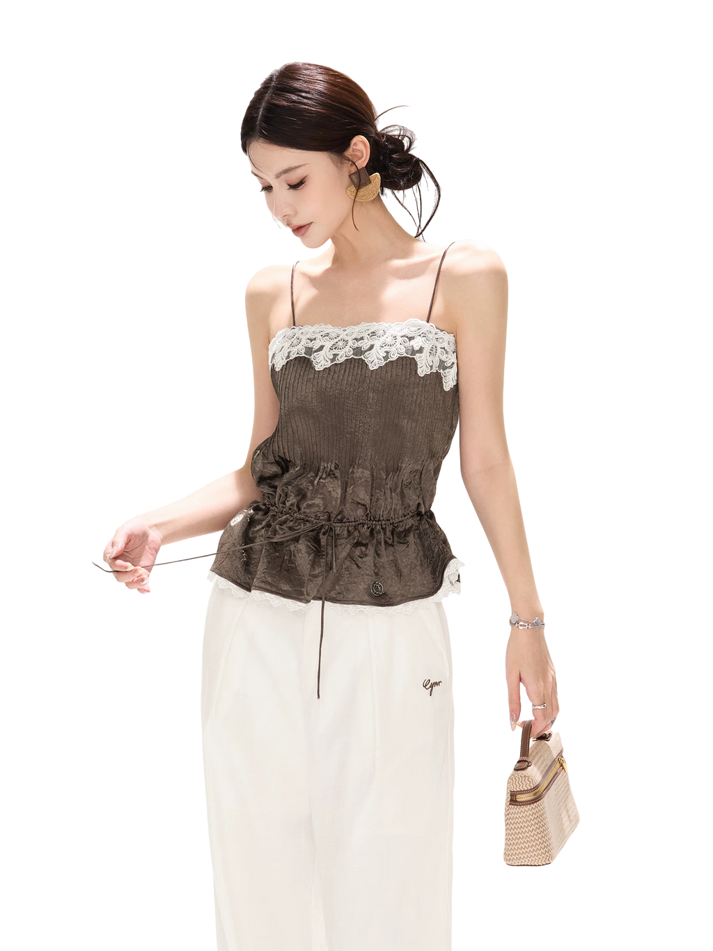 South France Holiday Contrast Lace Trim Ruffle Camisole