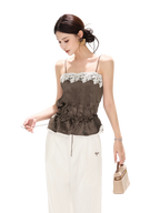 South France Holiday Contrast Lace Trim Ruffle Camisole