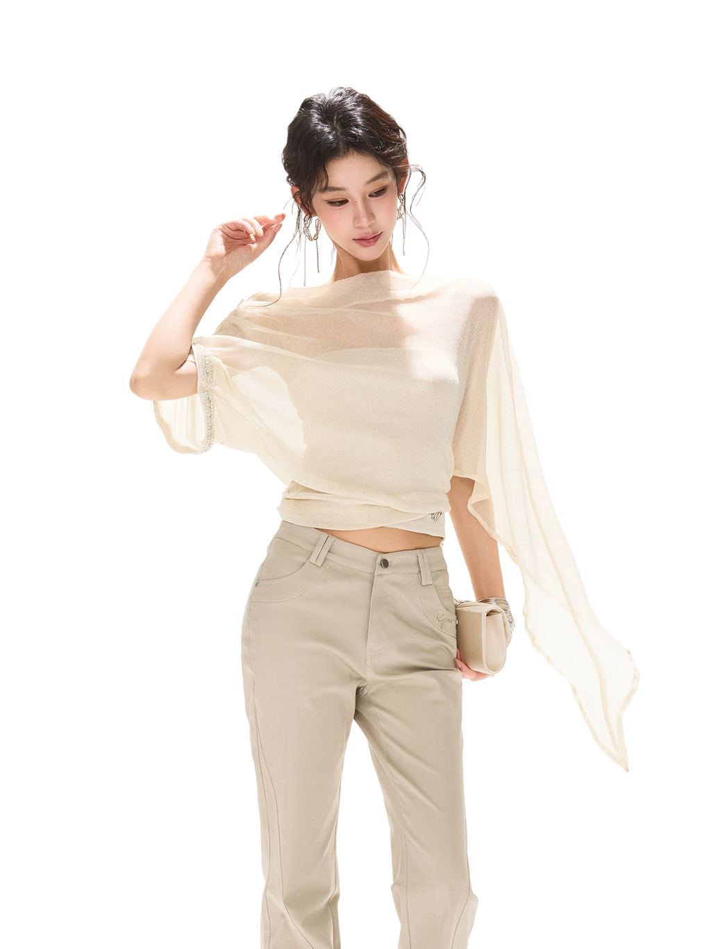 Silver Mesh Beaded Batwing Sleeve Top