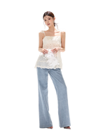 90s Vintage Washed Metal Button Wide-Leg Denim Pants