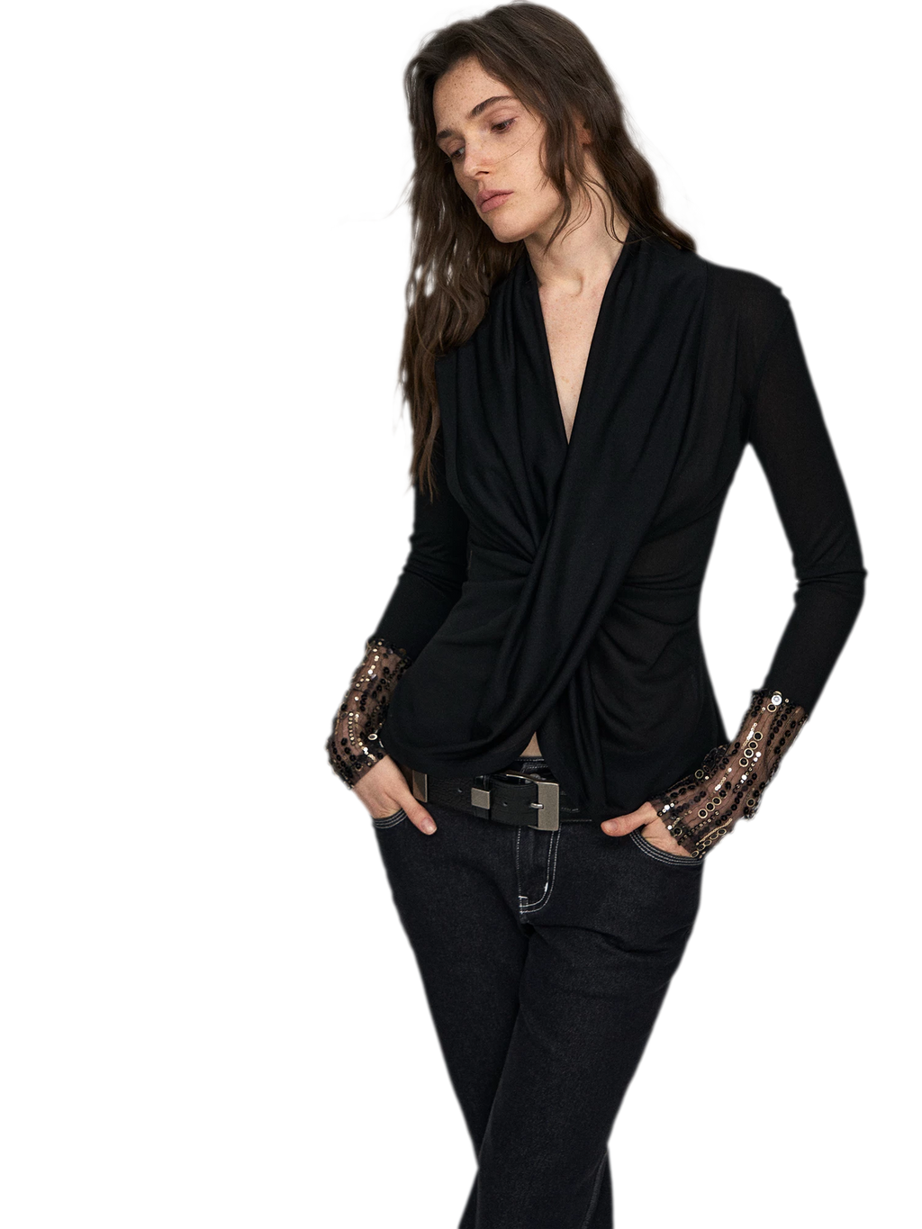 Embroidered Acetate Silk Cross-Knot Long Sleeve T-Shirt