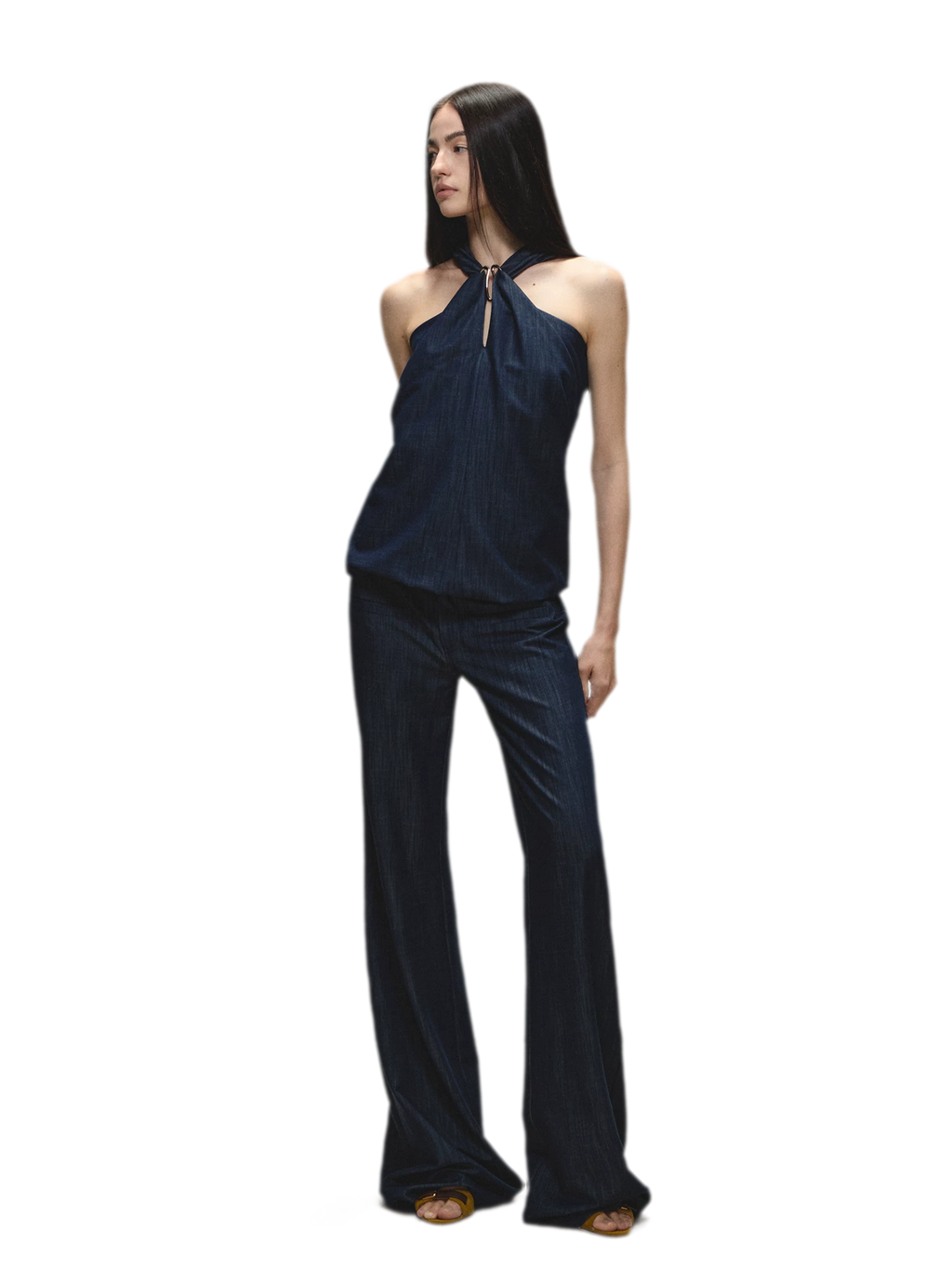 Tencel Denim Blue Hollow Halter Slim Flared Pants