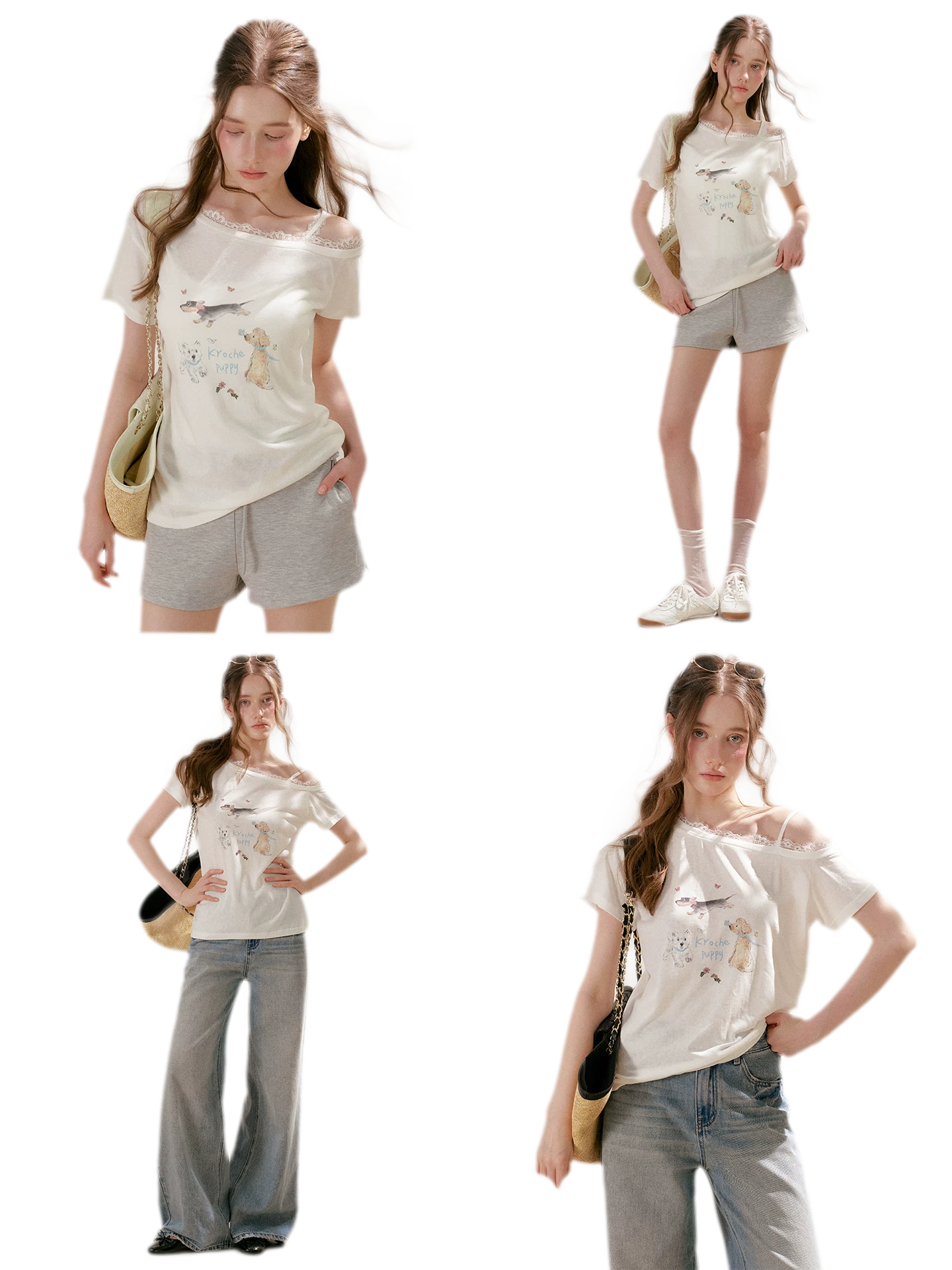 Tencel Lace Puppy Print T-Shirt