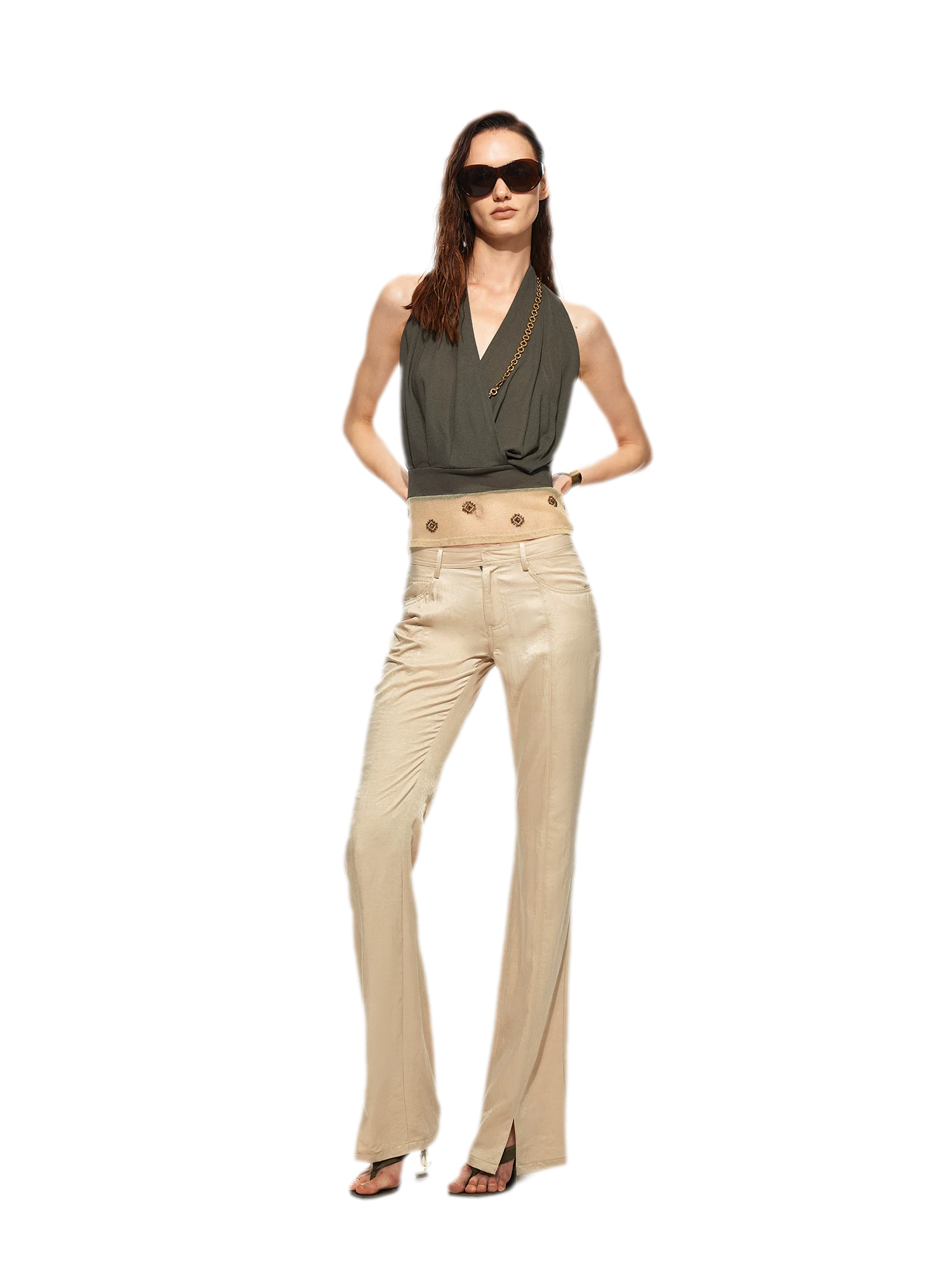 Beaded Halter V-Neck Top