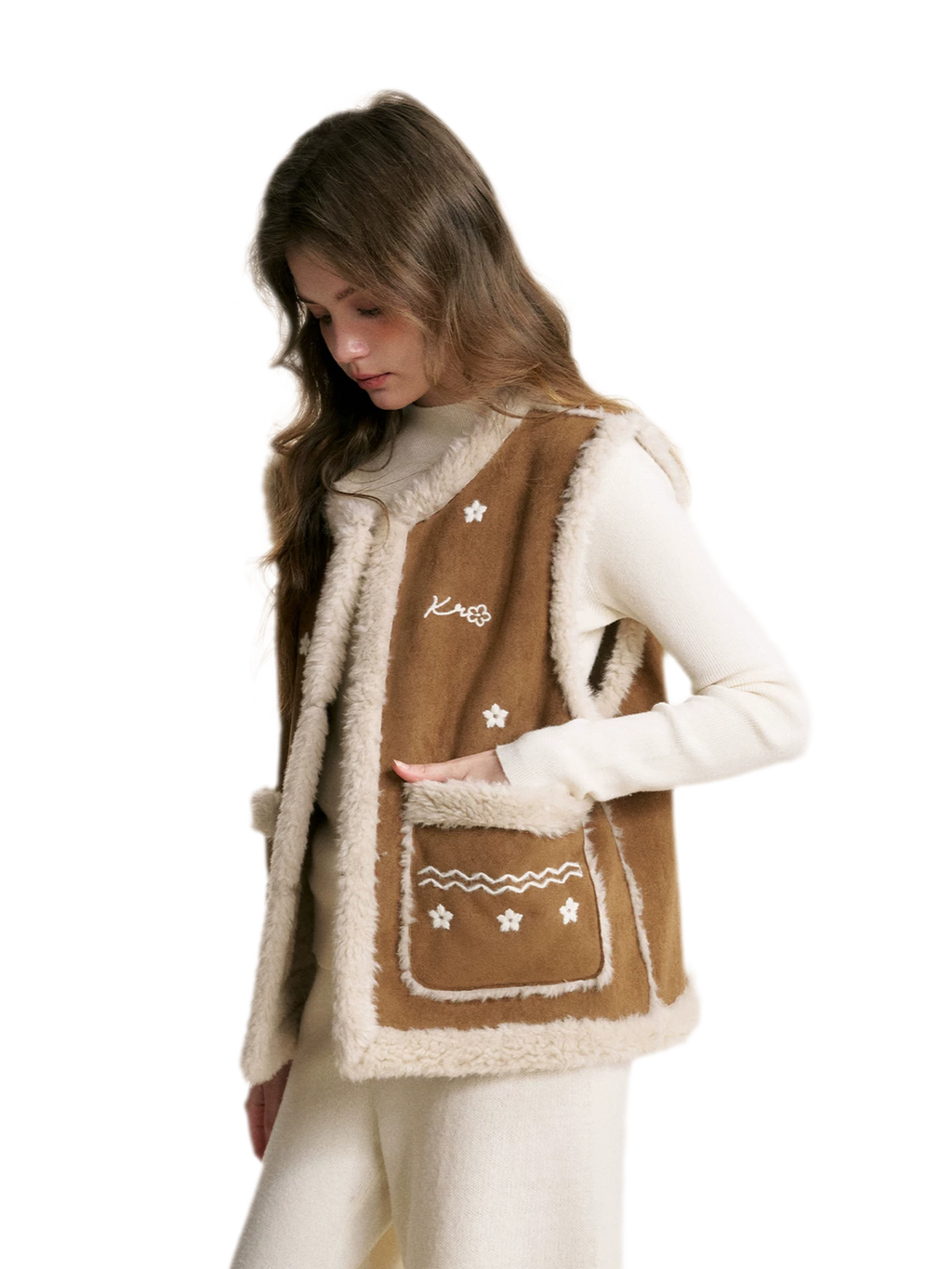 Shearling Floral Embroidered Vest