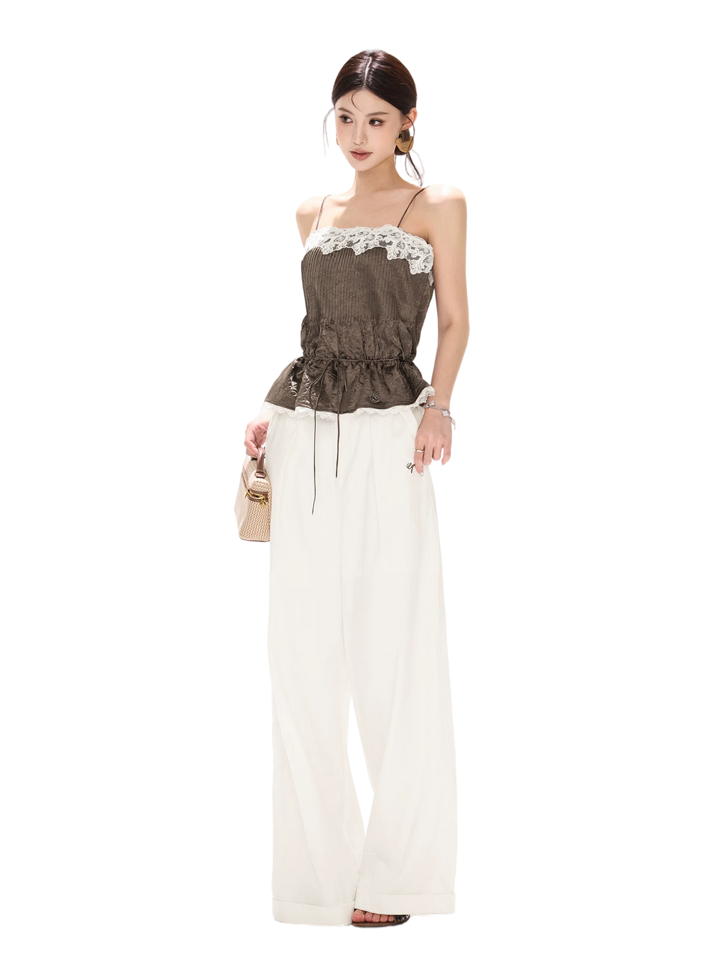 South France Holiday Contrast Lace Trim Ruffle Camisole