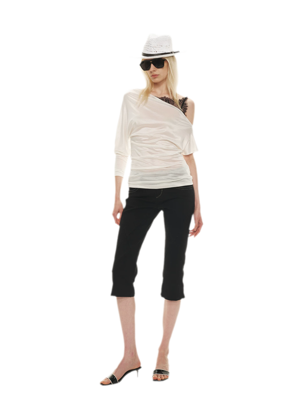 Satin Off-Shoulder Lace Trim T-Shirt