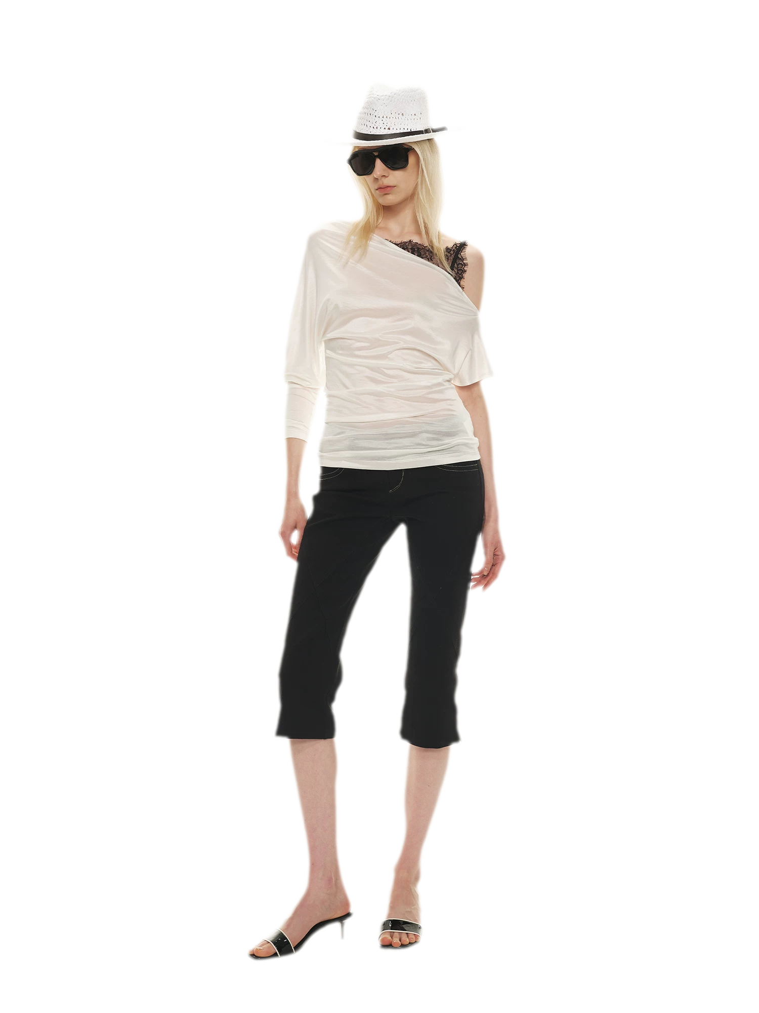 Satin Off-Shoulder Lace Trim T-Shirt
