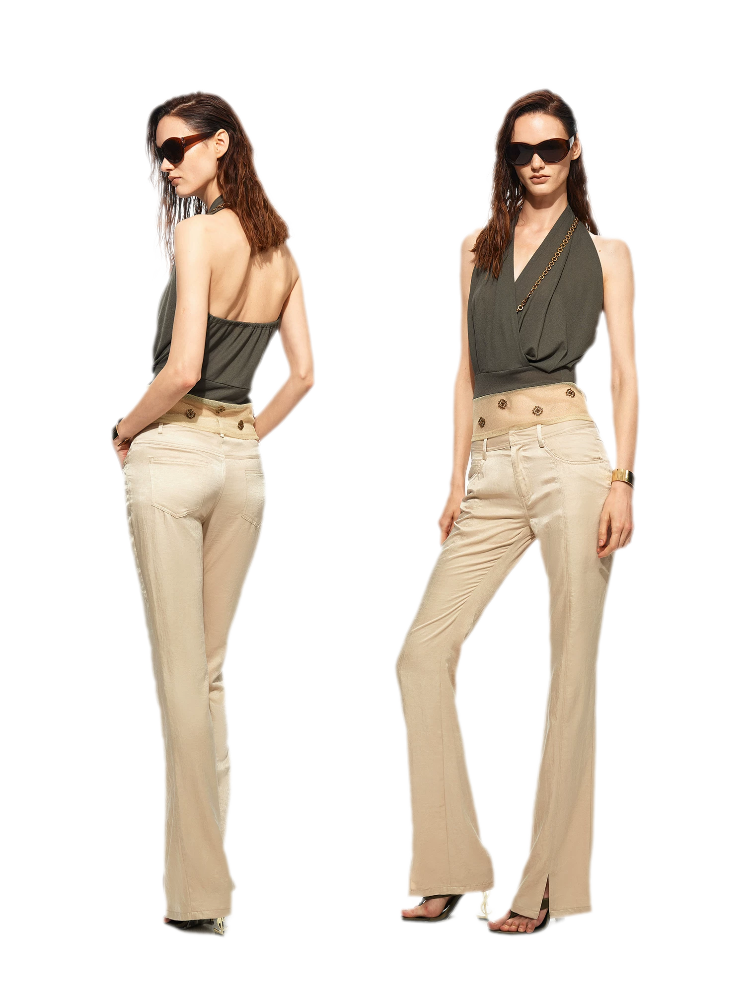 Lustrous Front-Slit Flare Pants