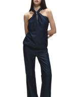 Tencel Denim Blue Hollow Halter Slim Flared Pants