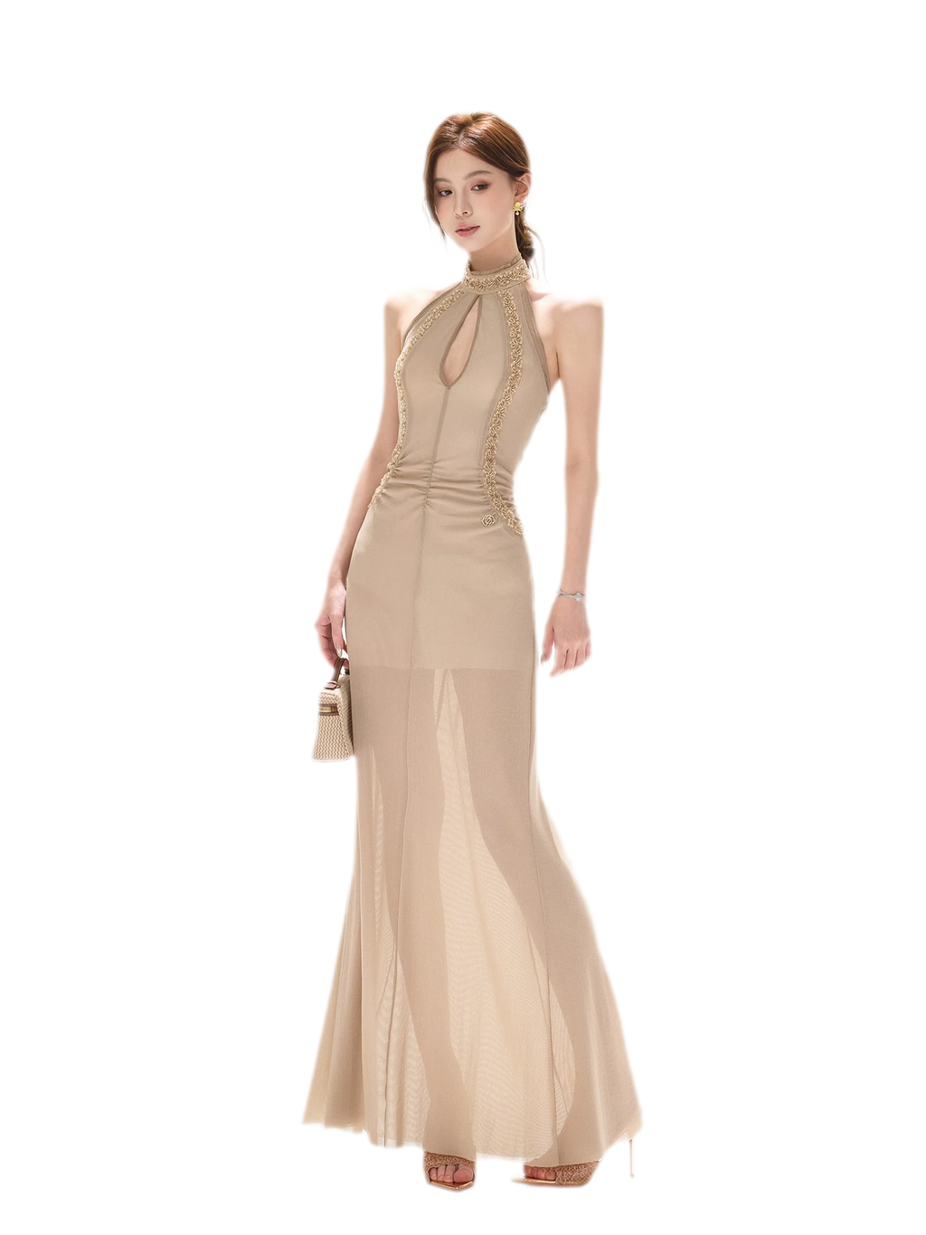 Beaded Halter Mesh Gown