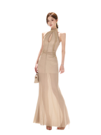 Beaded Halter Mesh Gown