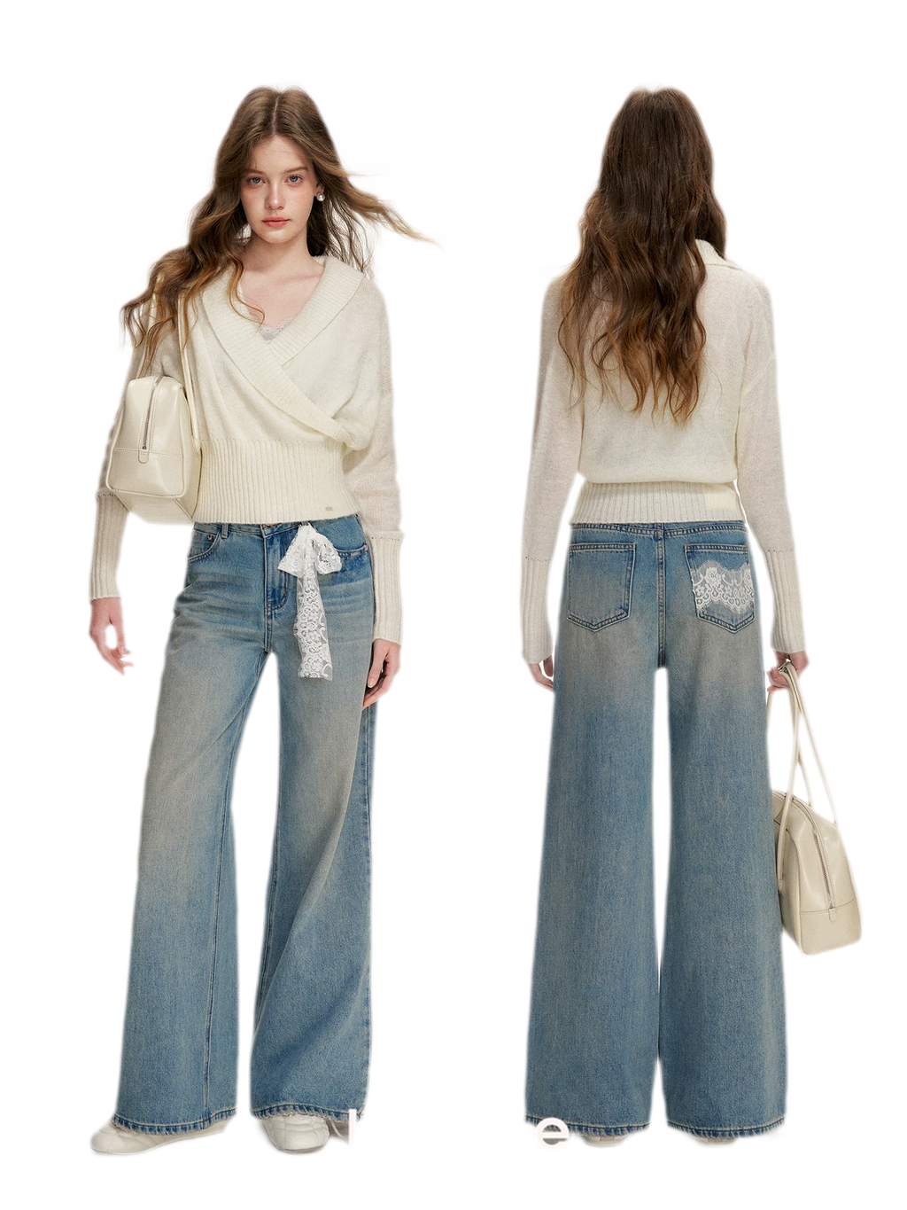 Lace-Trimmed Wide-Leg Denim Pants