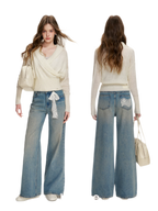 Lace-Trimmed Wide-Leg Denim Pants