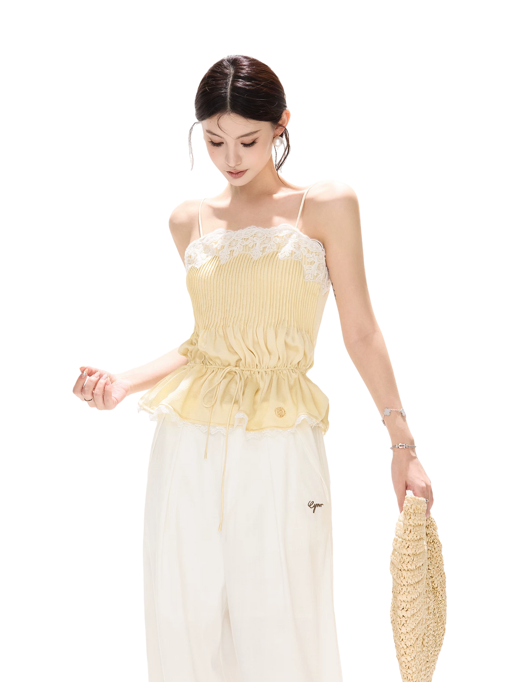 South France Holiday Lace Trim Waist-Cinched Camisole