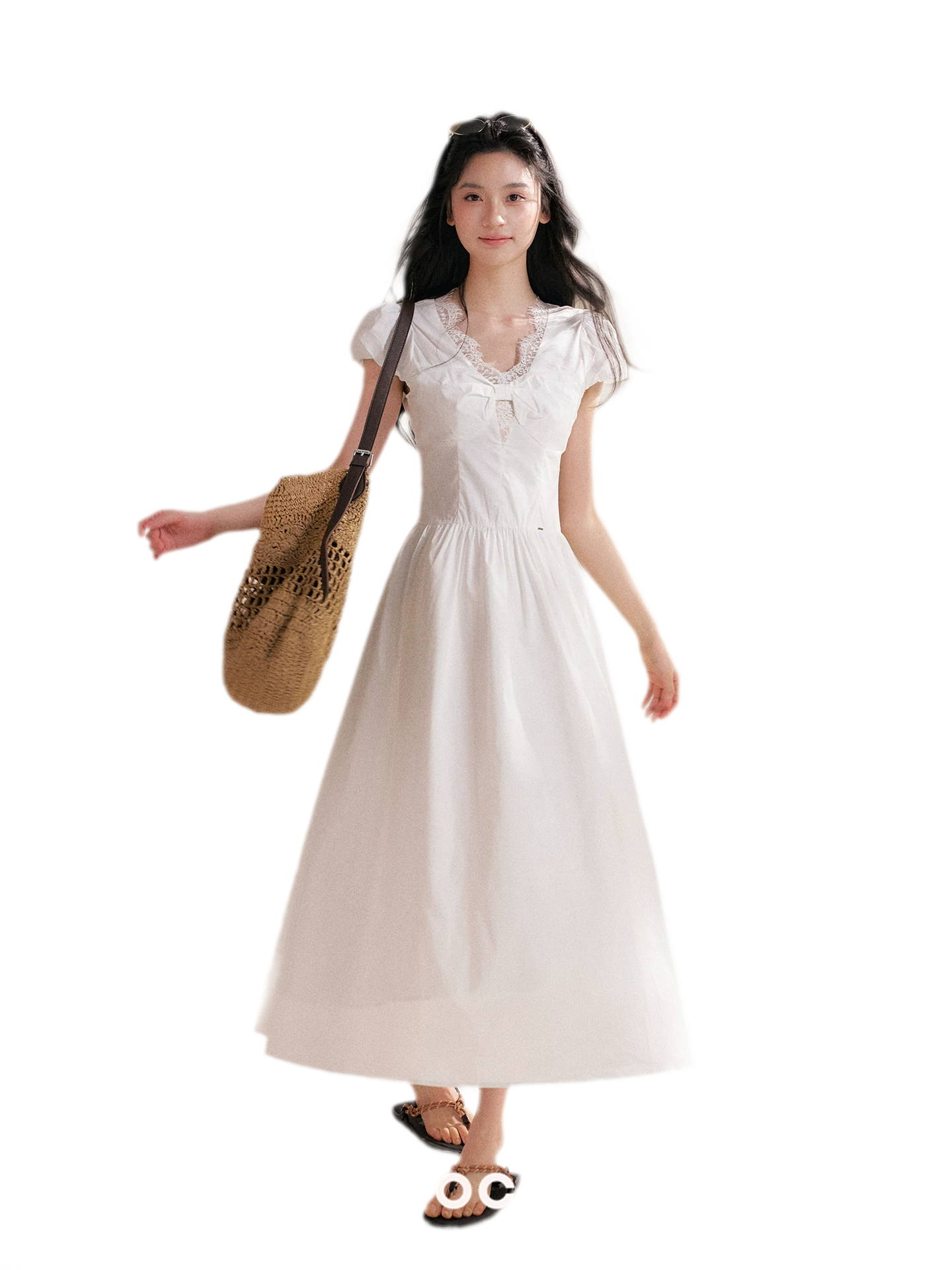 French Lace Puff Sleeve A-Line Dress