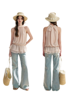 Chiffon Lace Halter V-Neck Blouse