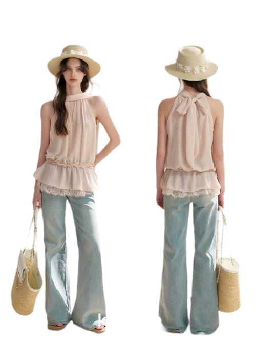 Chiffon Lace Halter V-Neck Blouse