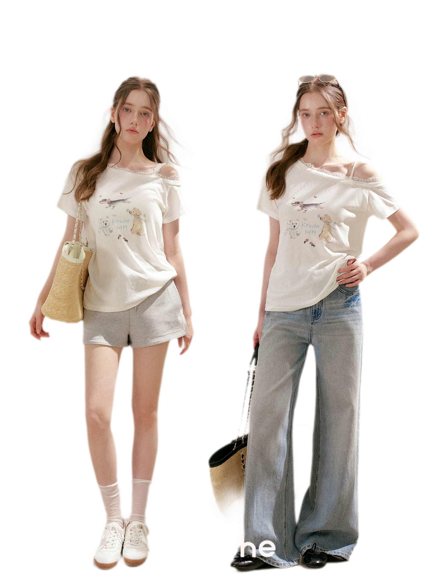 Tencel Lace Puppy Print T-Shirt