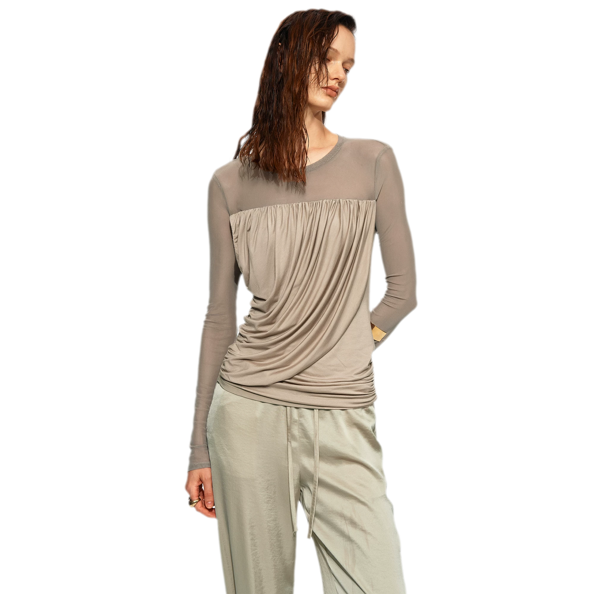 Draped Mesh Long Sleeve Tee