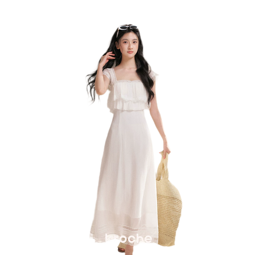 Lace Ruffle Waist Long Dress