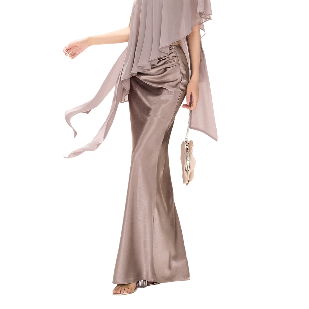 Amber Glow High-Waist Fishtail Satin Skirt