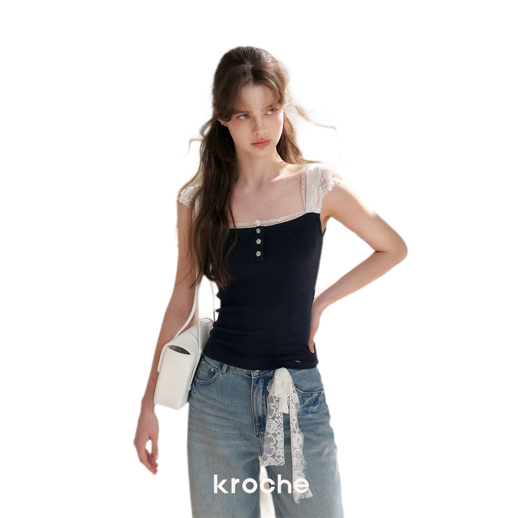 Lace Edge Wide Strap Knit T-Shirt