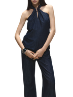 Tencel Denim Blue Hollow Halter Slim Flared Pants