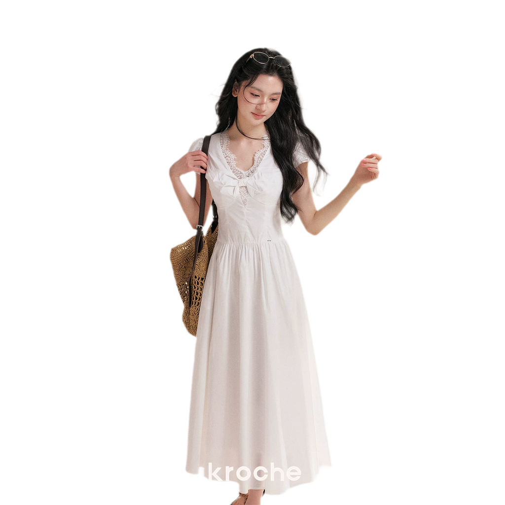 French Lace Puff Sleeve A-Line Dress