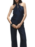 Tencel Denim Blue Hollow Halter Slim Flared Pants