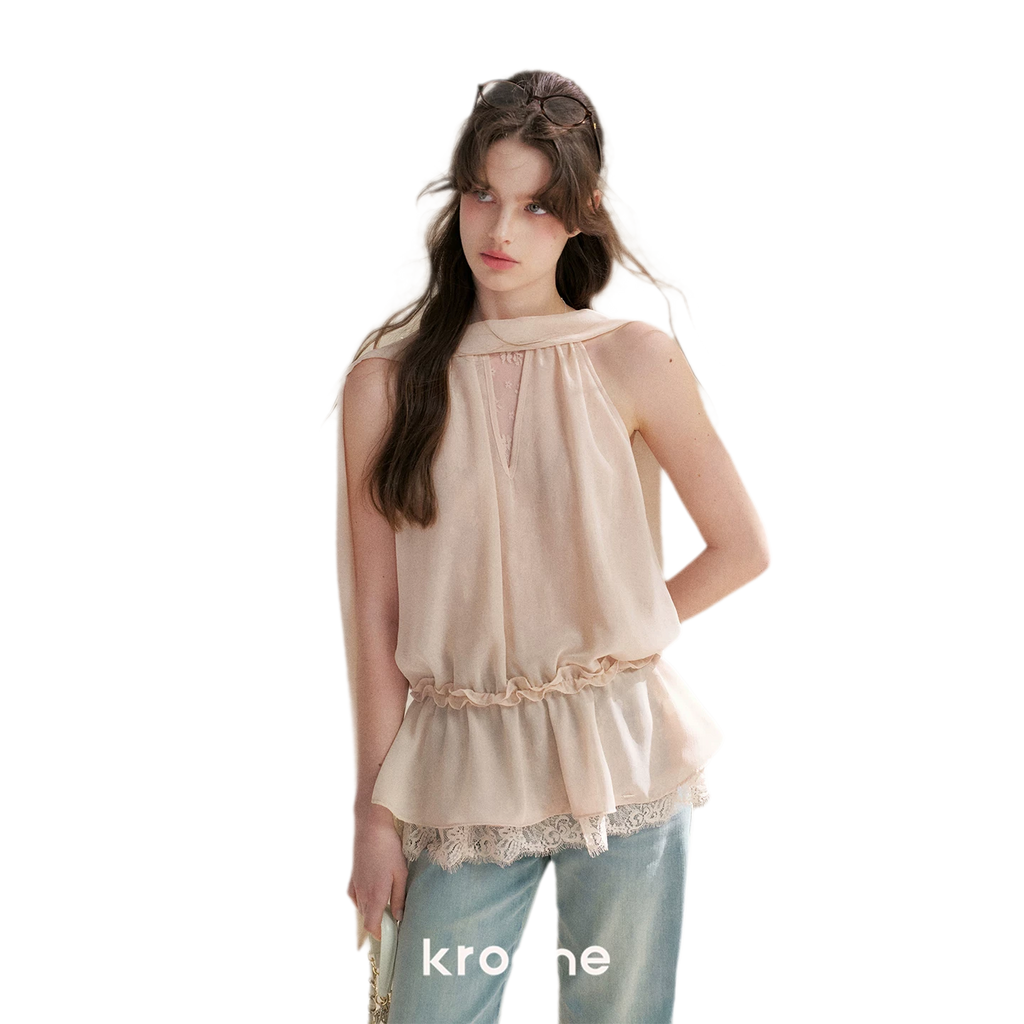 Chiffon Lace Halter V-Neck Blouse