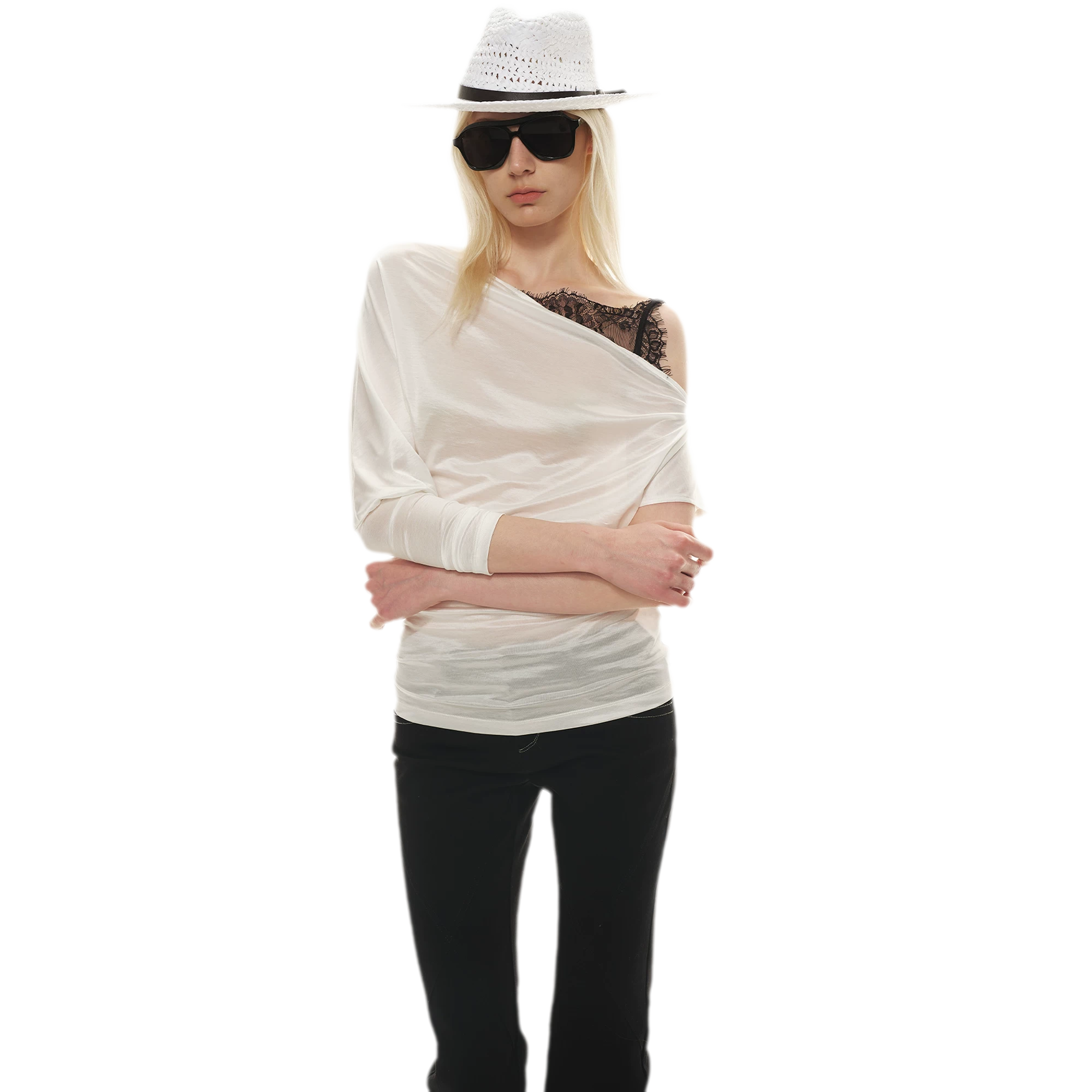 Satin Off-Shoulder Lace Trim T-Shirt