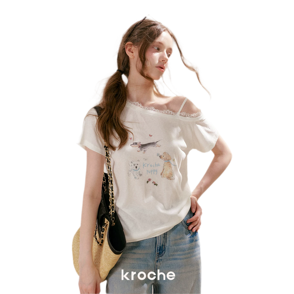 Tencel Lace Puppy Print T-Shirt