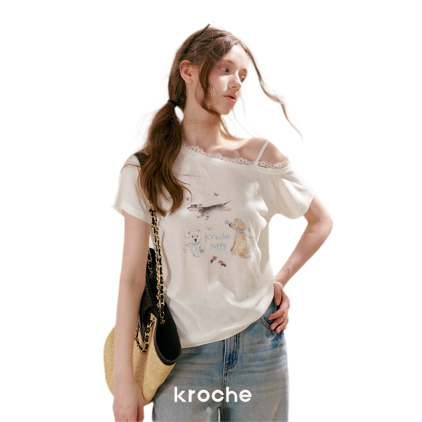 Tencel Lace Puppy Print T-Shirt