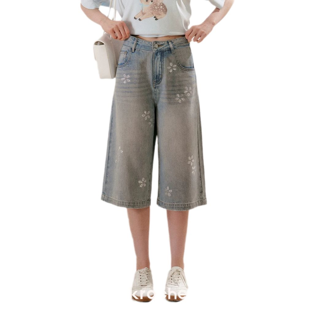 Rhinestone Floral Denim Culottes