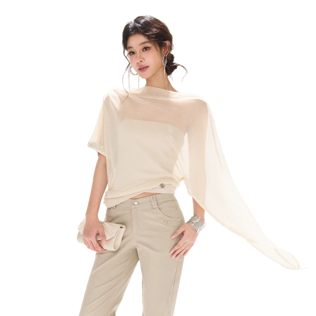 Silver Mesh Beaded Batwing Sleeve Top
