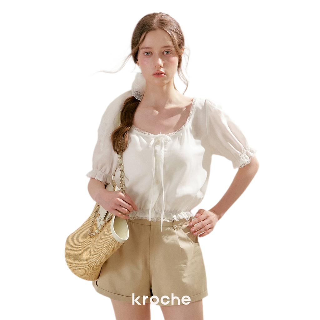 Lace Trim Puff Sleeve T-Shirt