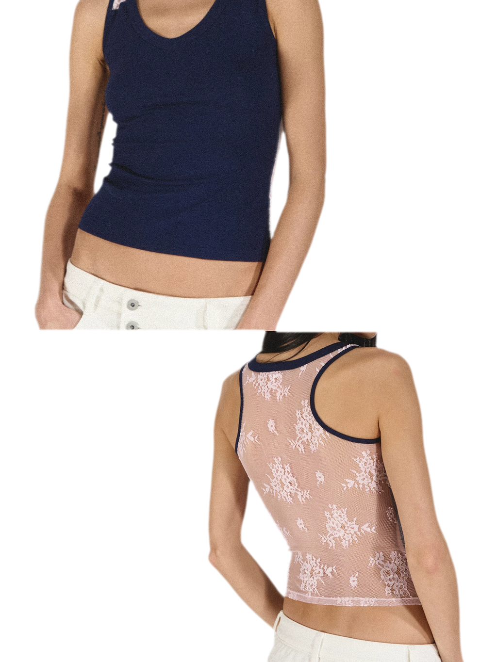 Lace Panel Slim Fit Striped Shoulder Vest Top