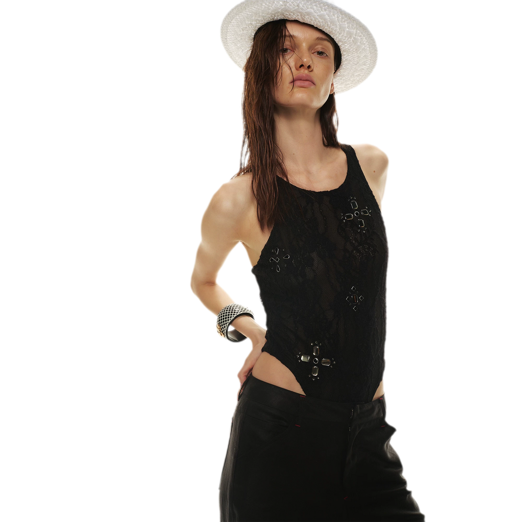 Stylish Gemstone Lace Halter Bodysuit Top