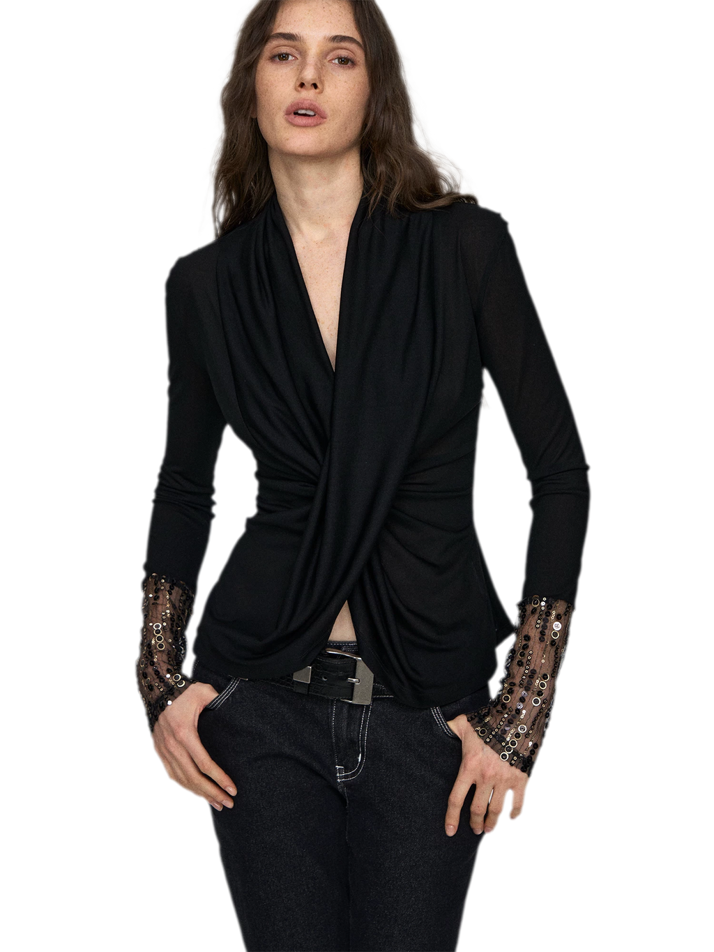 Embroidered Acetate Silk Cross-Knot Long Sleeve T-Shirt