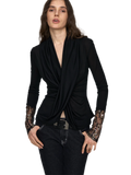 Embroidered Acetate Silk Cross-Knot Long Sleeve T-Shirt