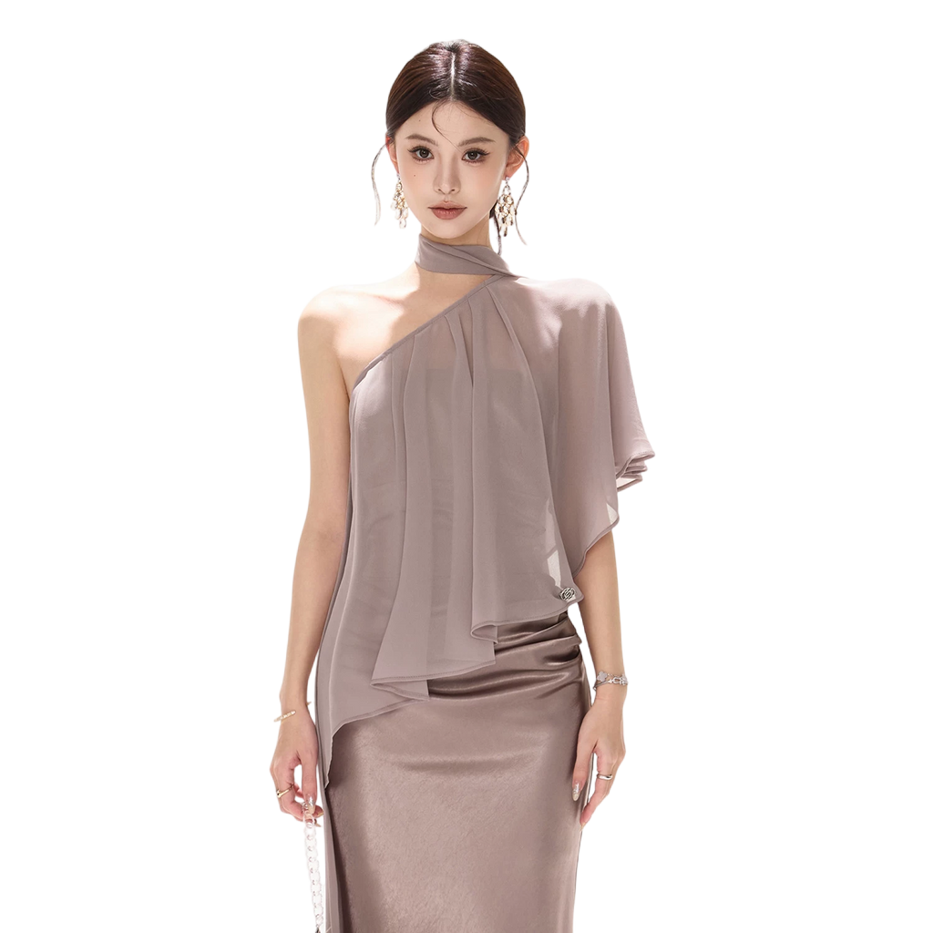 Elegant Asymmetric Chiffon Shawl Top with Built-in Bustier
