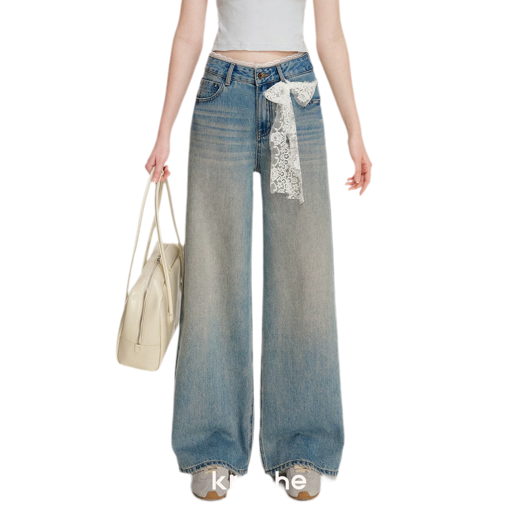 Lace-Trimmed Wide-Leg Denim Pants