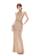 Beaded Halter Mesh Gown