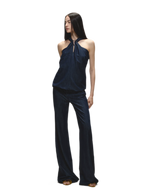Tencel Denim Blue Hollow Halter Slim Flared Pants