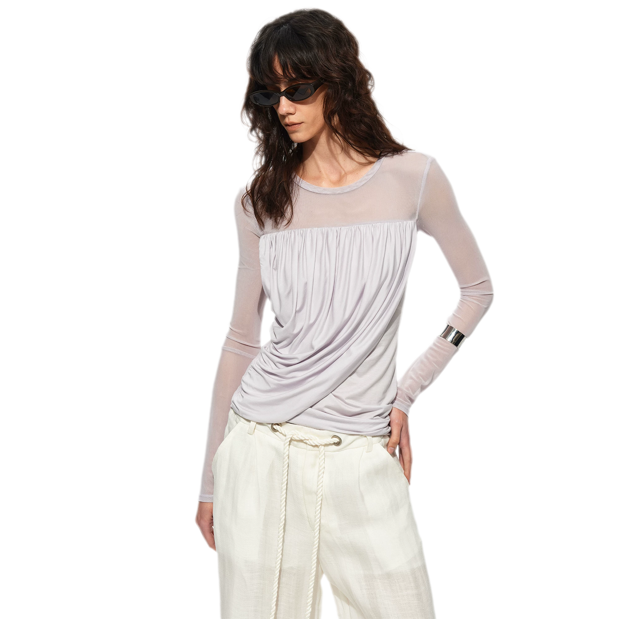 Draped Mesh Long Sleeve Tee