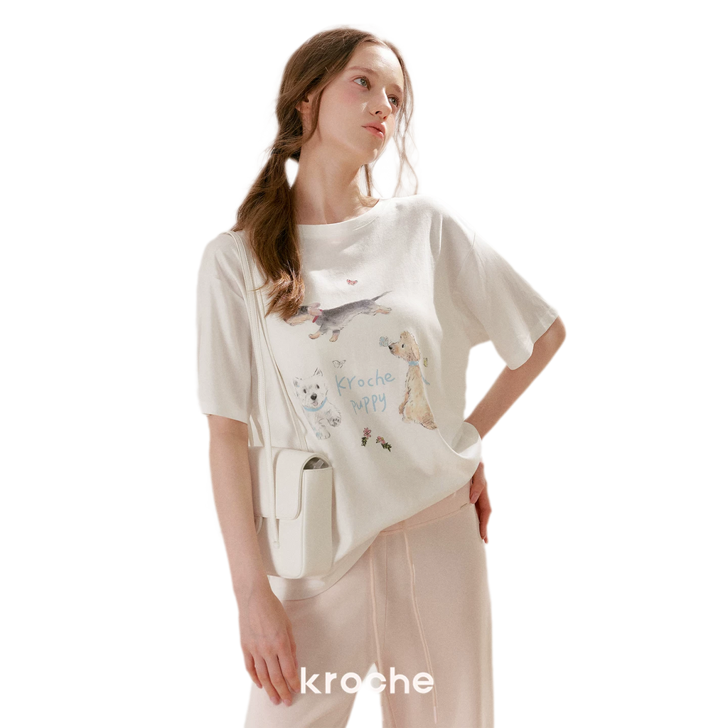 Tencel Lace Puppy Print T-Shirt